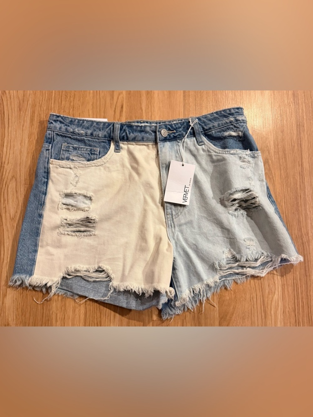 NEW Women’s Vervet Rebecca High Rise Colorblock Denim Shorts - White/Blue - L